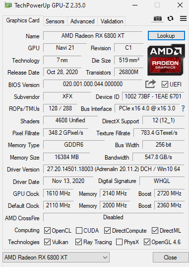  XFX Speedster MERC319 AMD Radeon RX 6800 XT CORE